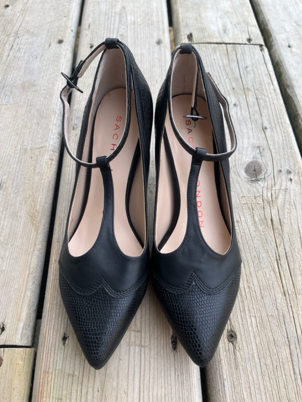 New Sacha London Black T-Strap Pointed Toe Pumps Size 6.5